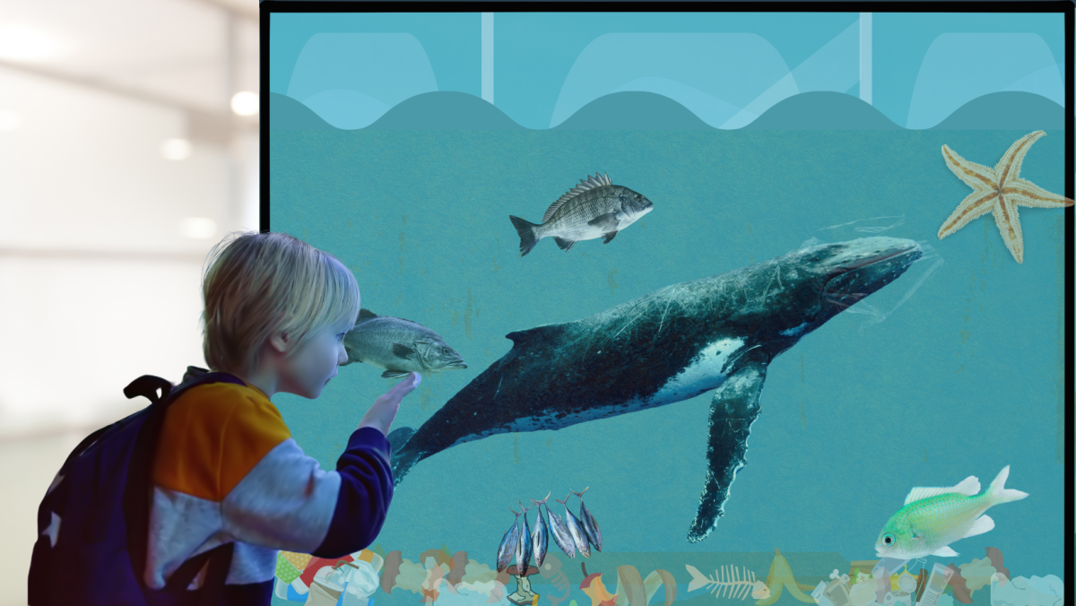 A child can be seen trying to observe the sea life; however, waste is obstructing his view.