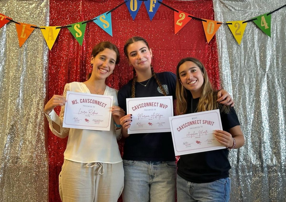 Being best voted as Ms. CavsConnect for this year's annual superlatives, graduate Ridoux poses alongside the 2025 co-editor-in-chiefs, Marina Astorga (middle) and Angelina Morffi (right).