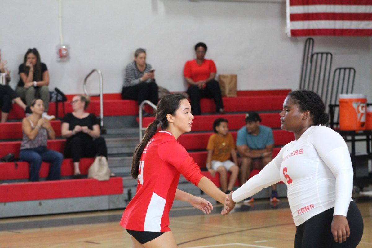 Sophomore Carolina Sesin and Sophomore Leighann Richardson giving each other a high five after winning a point.