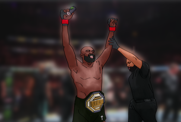 Jones celebrates his first heavyweight title defense after moving to the division from light-heavyweight and defeating Ciryl Gane.