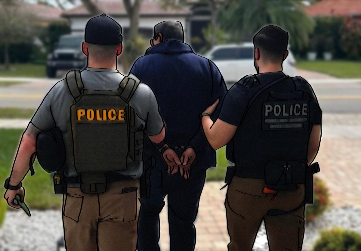 Two ICE agents take away an illegal immigrant in Miami, FL. Miami is one of the major cities targeted by ICE.